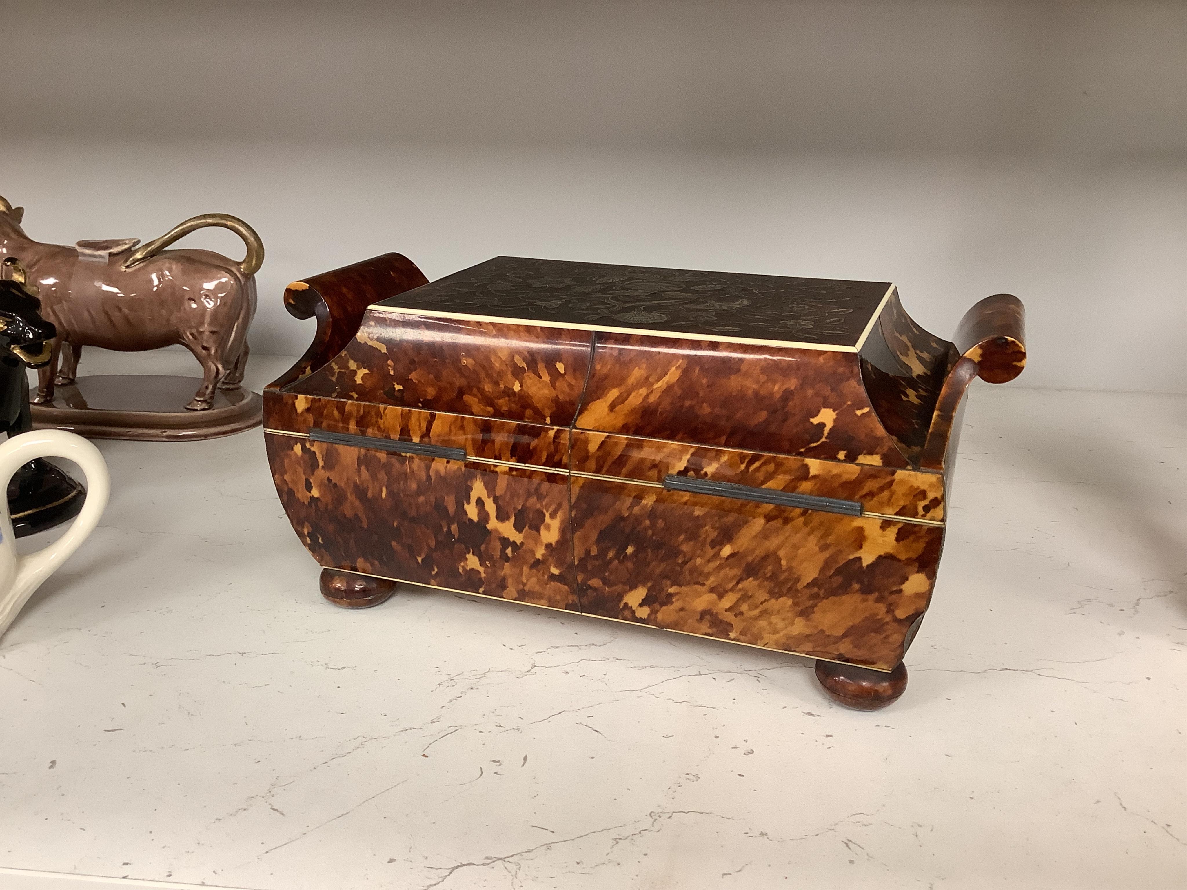 An early 19th century tortoiseshell and mother of pearl inlaid work box with ivory banding, 24cm wide, 16cm deep, 12cm high CITES Submission reference, EWCE2JLY